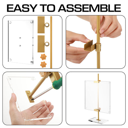 RattanView Adjustable Metal Easel Stand with Acrylic Floating Photo Frame 16.5" Tabletop Metal Standing Easel Display Stand for Display Picture, Frame, Photos, Art, Poster, Signs(Gold,Acrylic Base)