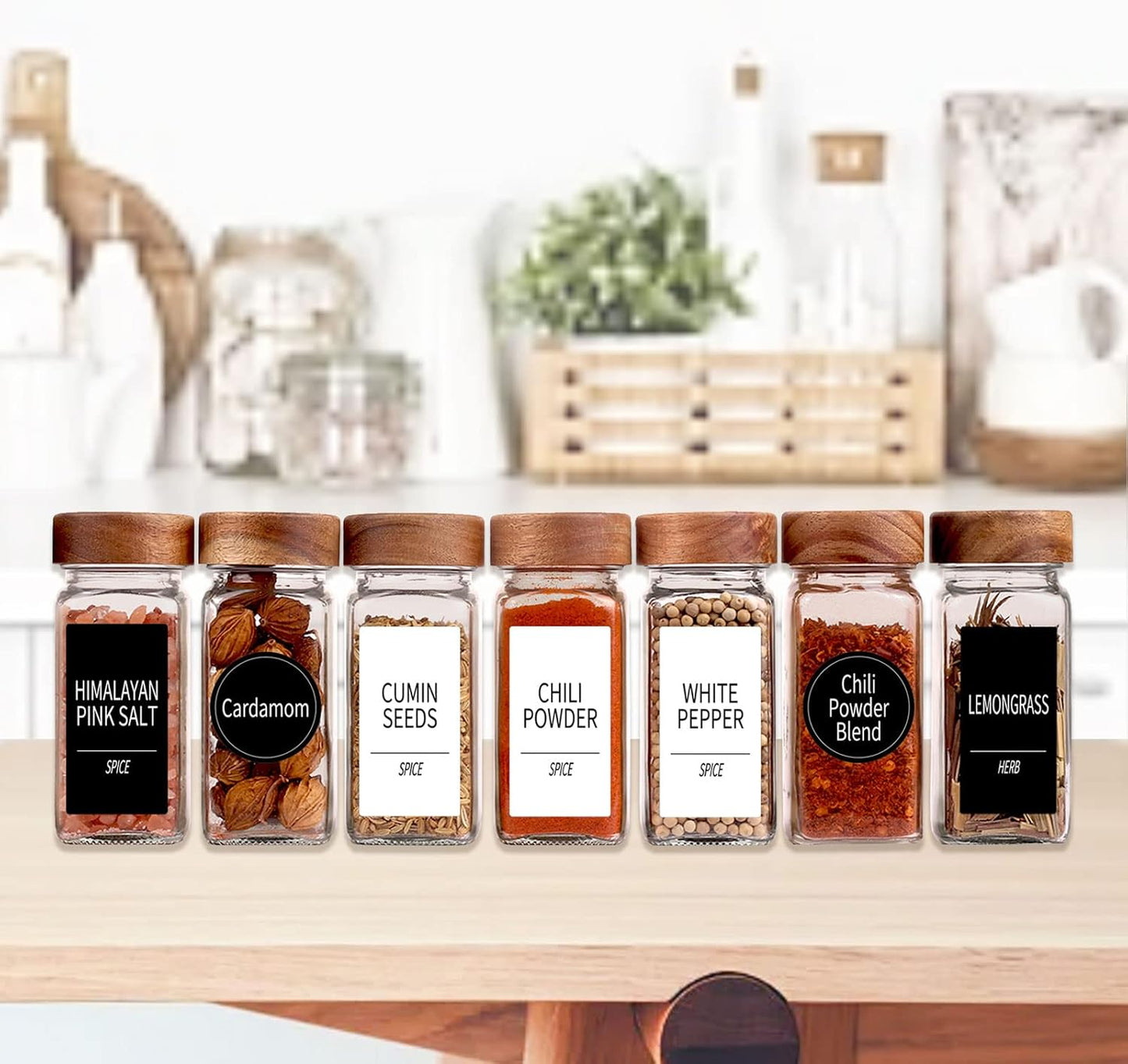 24 547 4 Oz Churboro Spice Jars with Labels - Glass Spice Jars with Shaker Lids - Square Spice Containers with Acacia