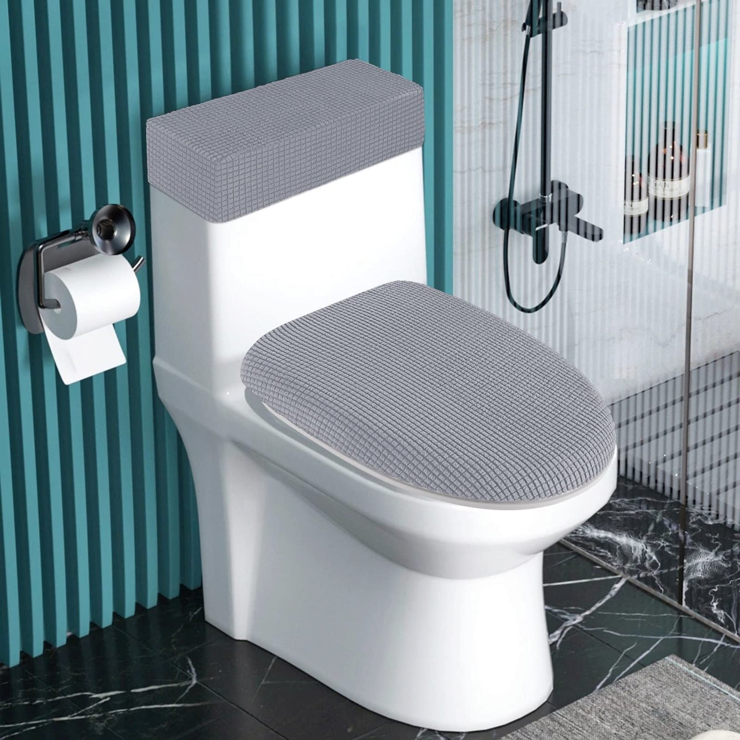 Toilet Lid Cover and Toilet Tank Cover Stretch Toilet Covers Set for Bathroom, Polyester Spandex Jacquard Fabric, Machine Washable, with Elastic Bottom, Light Gray