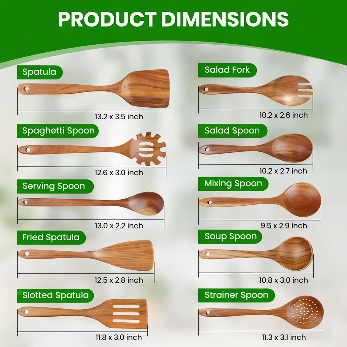 10 Piece Teak Wooden Spoons For Cooking, Wooden Kitchen Utensil Set, Organic Non Toxic Cooking Utensils, Large Serving Spoons