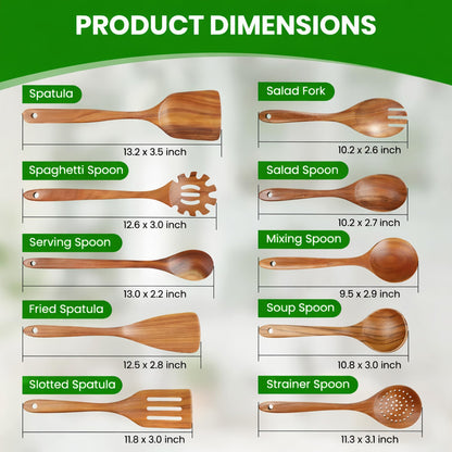10 Piece Teak Wooden Spoons For Cooking, Wooden Kitchen Utensil Set, Organic Non Toxic Cooking Utensils, Large Serving Spoons