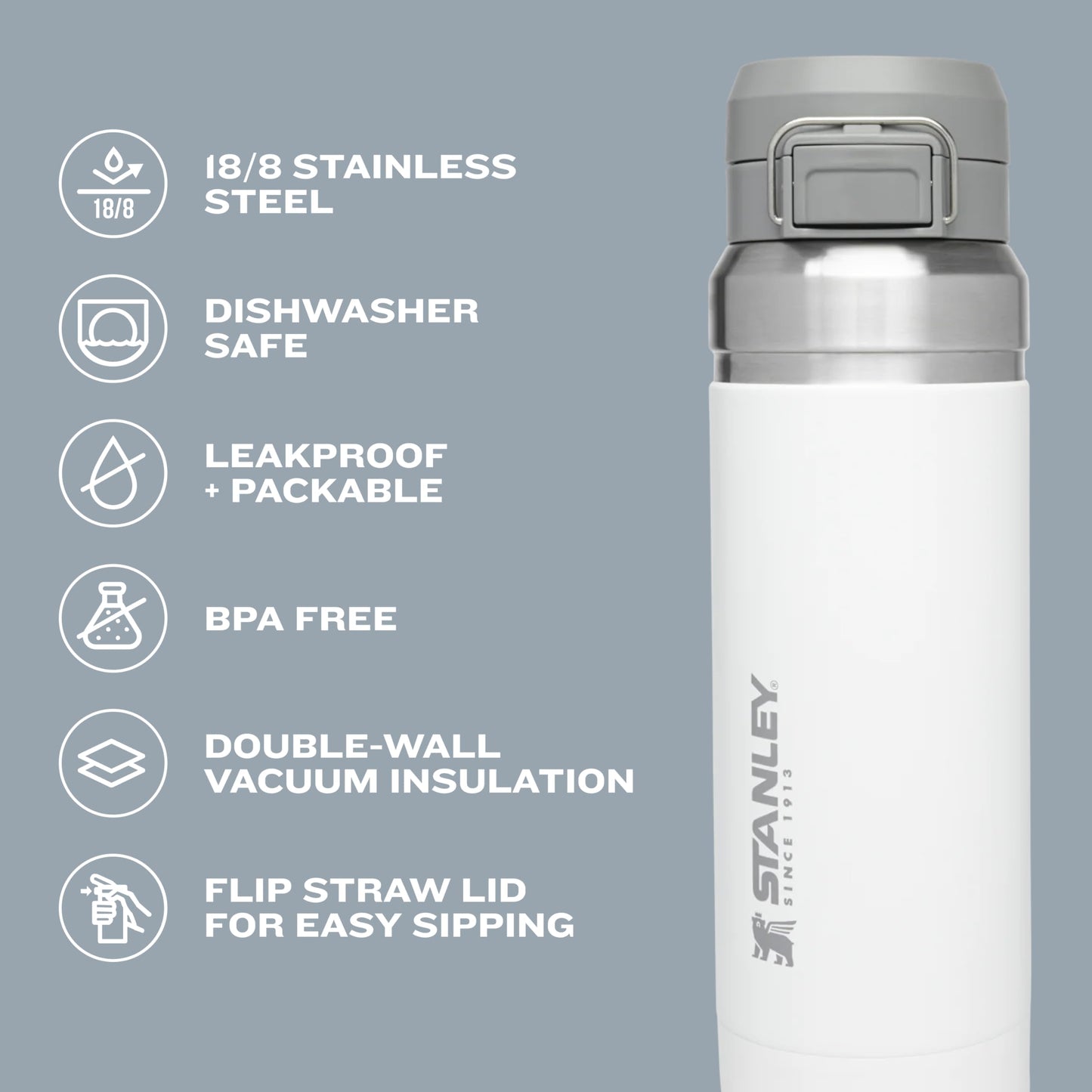 STANLEY Water Bottle 24 oz Insulated Stainless Steel | Push Button Lid | Leakproof | Hot 8 Hours, Cold 12 Hours | Mist | Pack of 4
