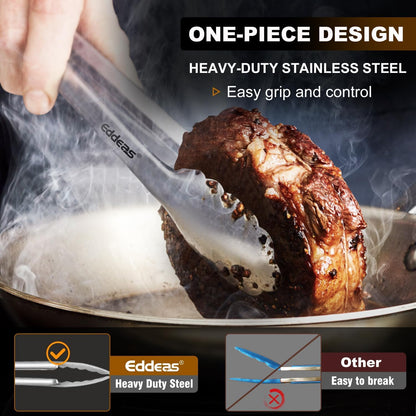 Eddeas Tongs For Cooking - Heat Resistant 600 Degrees, All Metal Kitchen Tweezers Tongs, Heavy Duty Stainless Steel Cooking for Food, Grill, BBQ, Dishwasher safe Set of 4 (12" & 9in)