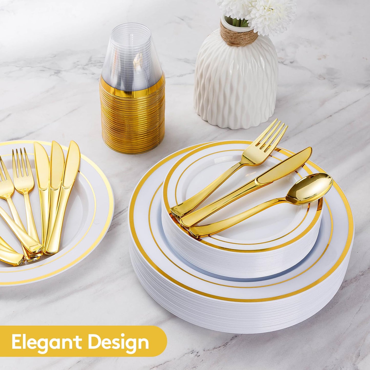 Goodluck 600 Pieces Gold Disposable Plates for 100 Guests, Plastic Plates for Party, Dinnerware Set of 100 Dinner and 100 Dessert Plates, 100 Spoons, 100 Forks, 100 Knives, 100 Cups