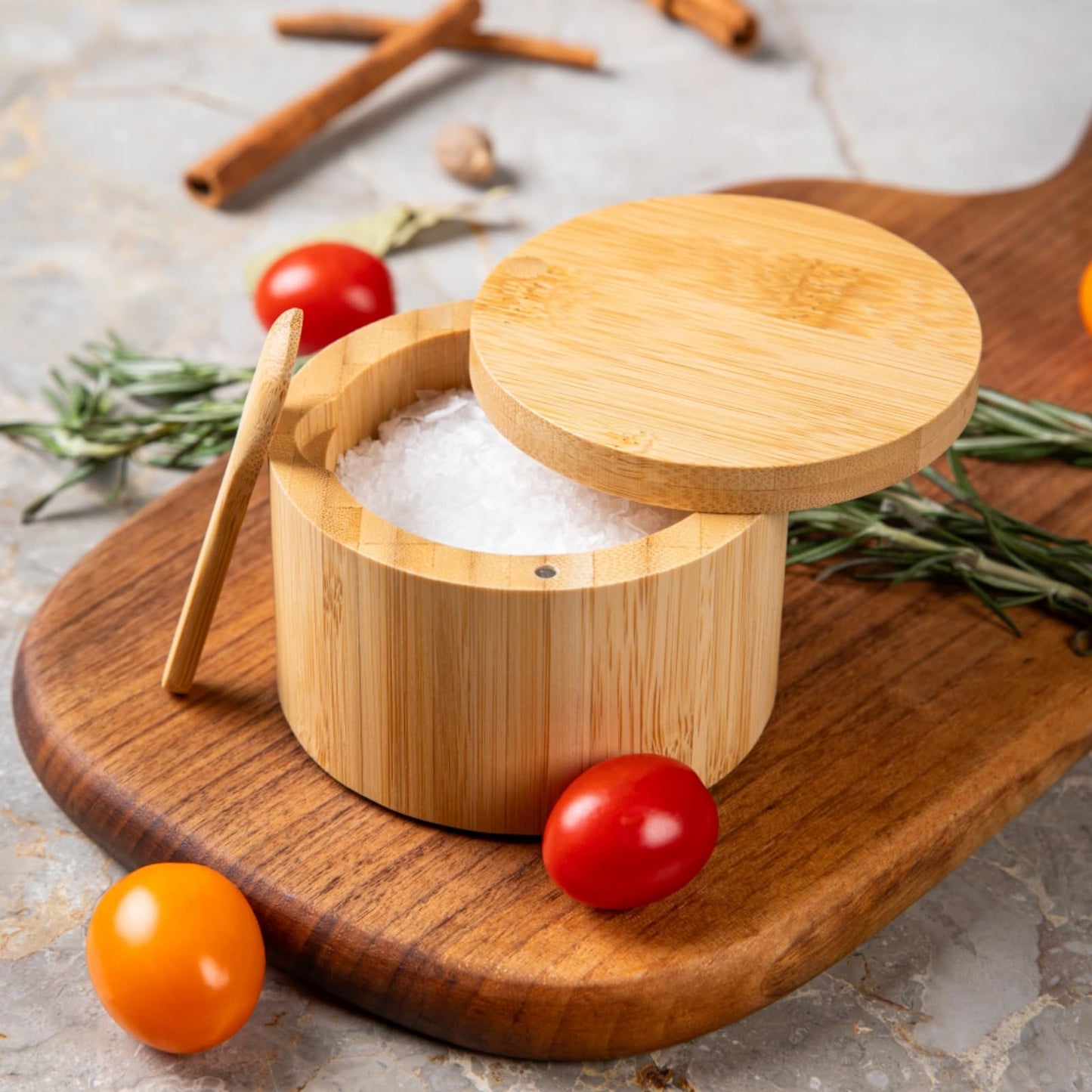 Pochita Global Bamboo Salt Cellar Bowl Box with Swivel Magnetic Lid to Avoid Dust, Elegant Kitchen Salt Container Holder with to Storage Pepper Spice Bath & Sea Salts, 6OZ（Built-in Spoon）
