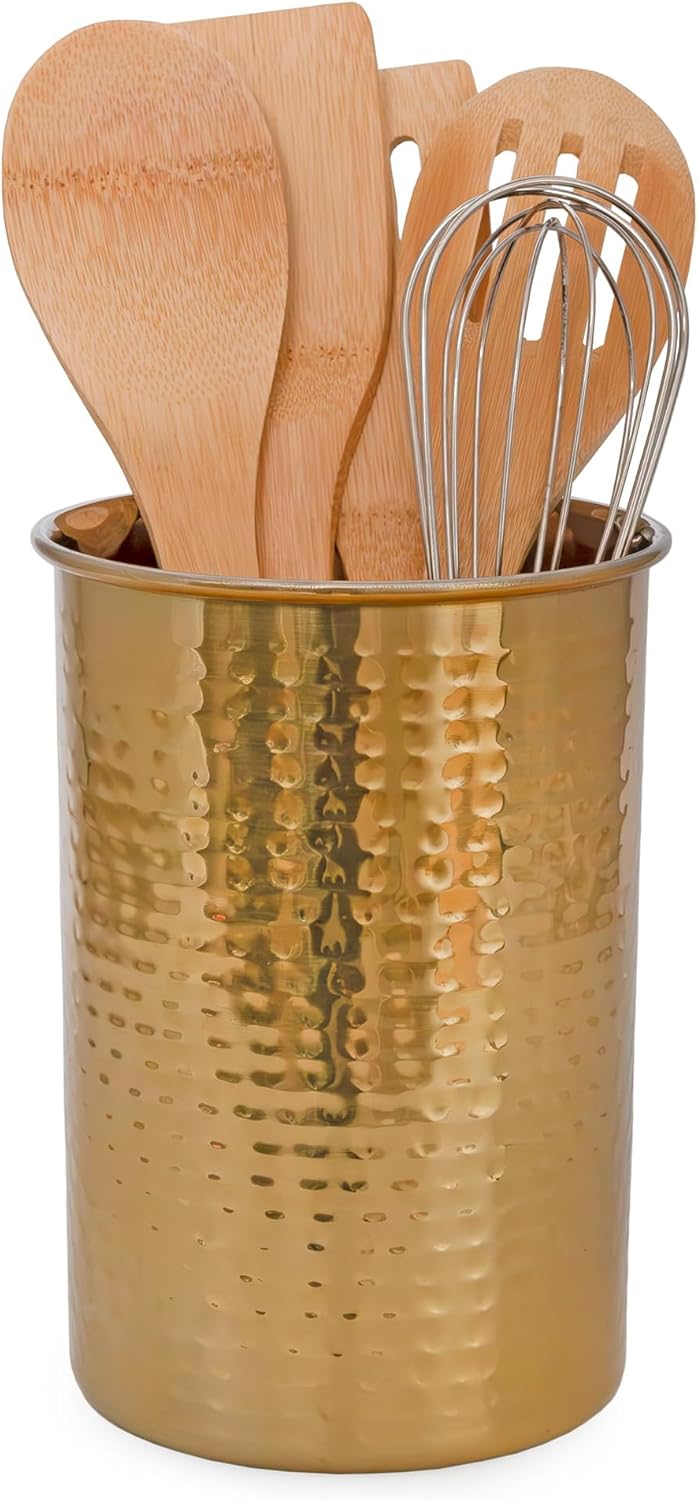 Darware Hammered Gold Kitchen Utensil Holder, 7-Inch Tool Caddy for Wooden Spoons, Spatulas, & More