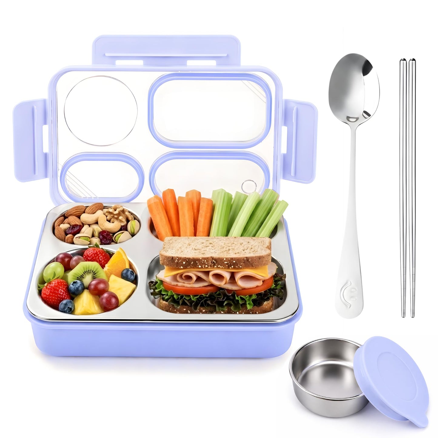Homaze Kids Stainless Steel Bento Lunch Box, 4-Compartment Food Container with Condiment Cup, Chopsticks and Spoon, Leak-Resistant (Purple)