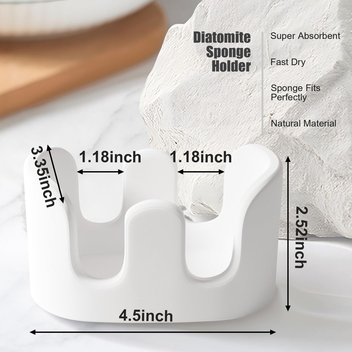 Slow Slog 2 Pack Double Sponge Holder, Diatomite Stone Absorbent Sponge Stand for Kitchen Sink - Quick Dry Organizer for Kitchen Countertop, White