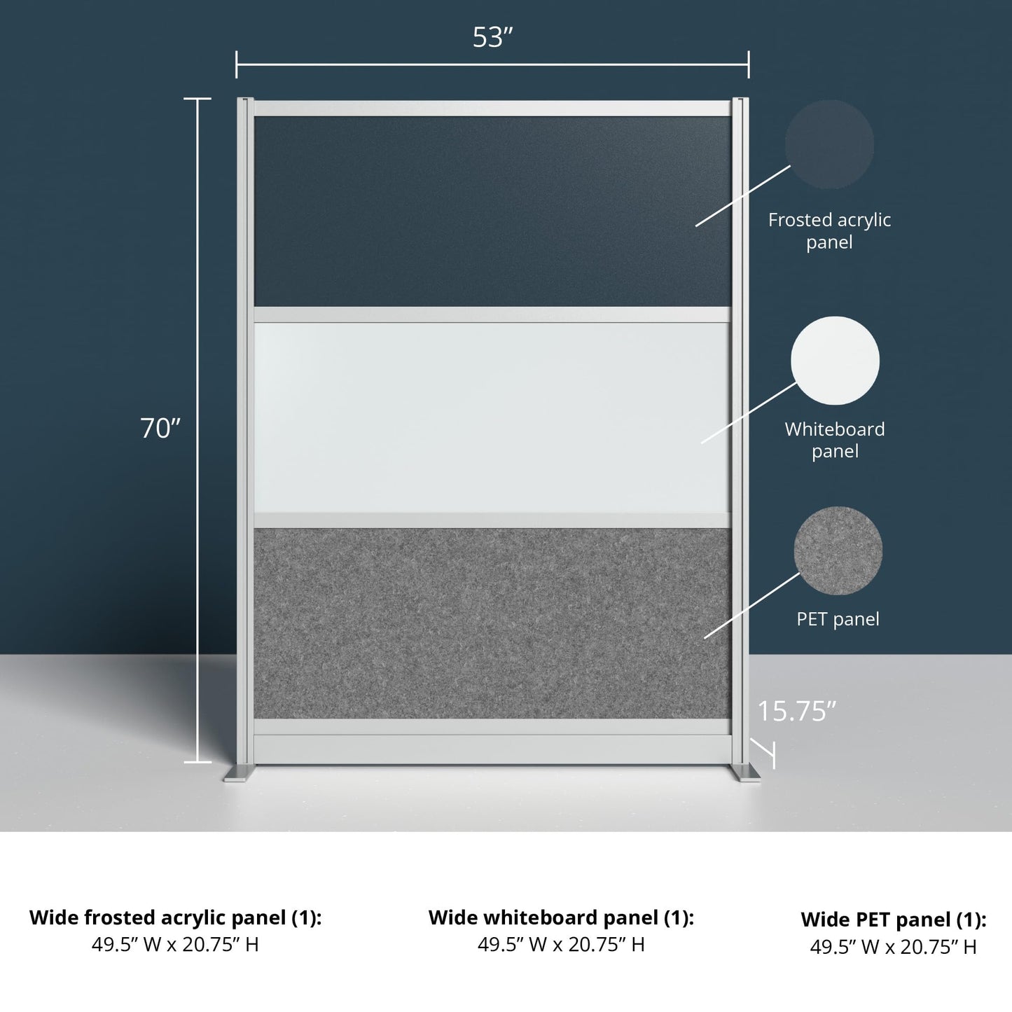 Stand Up Desk Store Workflow Wide Modular Wall | 53'' x 70'' Wall | Expandable Partition Room Divider with Rearrangeable Frosted Acrylic, Sound Absorbent and Whiteboard Panels (Silver Frame)