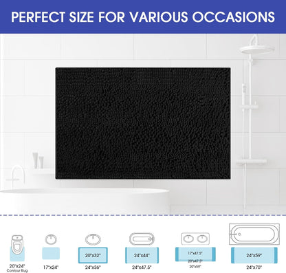 ACCUMTEK Striped Black Bathroom Rug Mat, 32"x20" Ultra Soft Non Slip Chenille Bath Rug for Bathroom, Bedroom, and