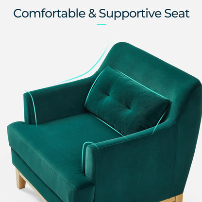 LINSY Large Accent Chair Set of 2, Velvet Reading Chair with Rubberwood Base, Armchair with Lumbar Pillow, Cozy Single Sofa Chair for Reading Room Apartment Living Room Bedroom Office, Green