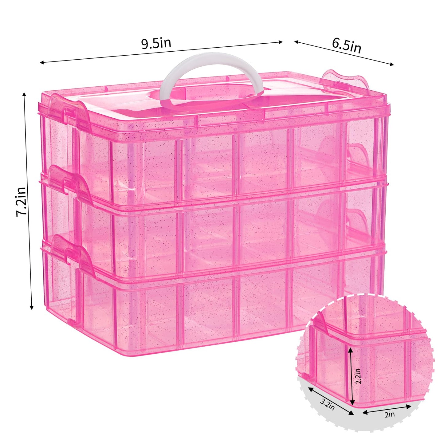 SGHUO Bead Organizers and Storage 3-Tier Pink Craft Container Stackable Box with Dividers for Art Supplies, Washi Tapes, Seed, Hair Accessories, Nail, 9.5X6.5X7.2in