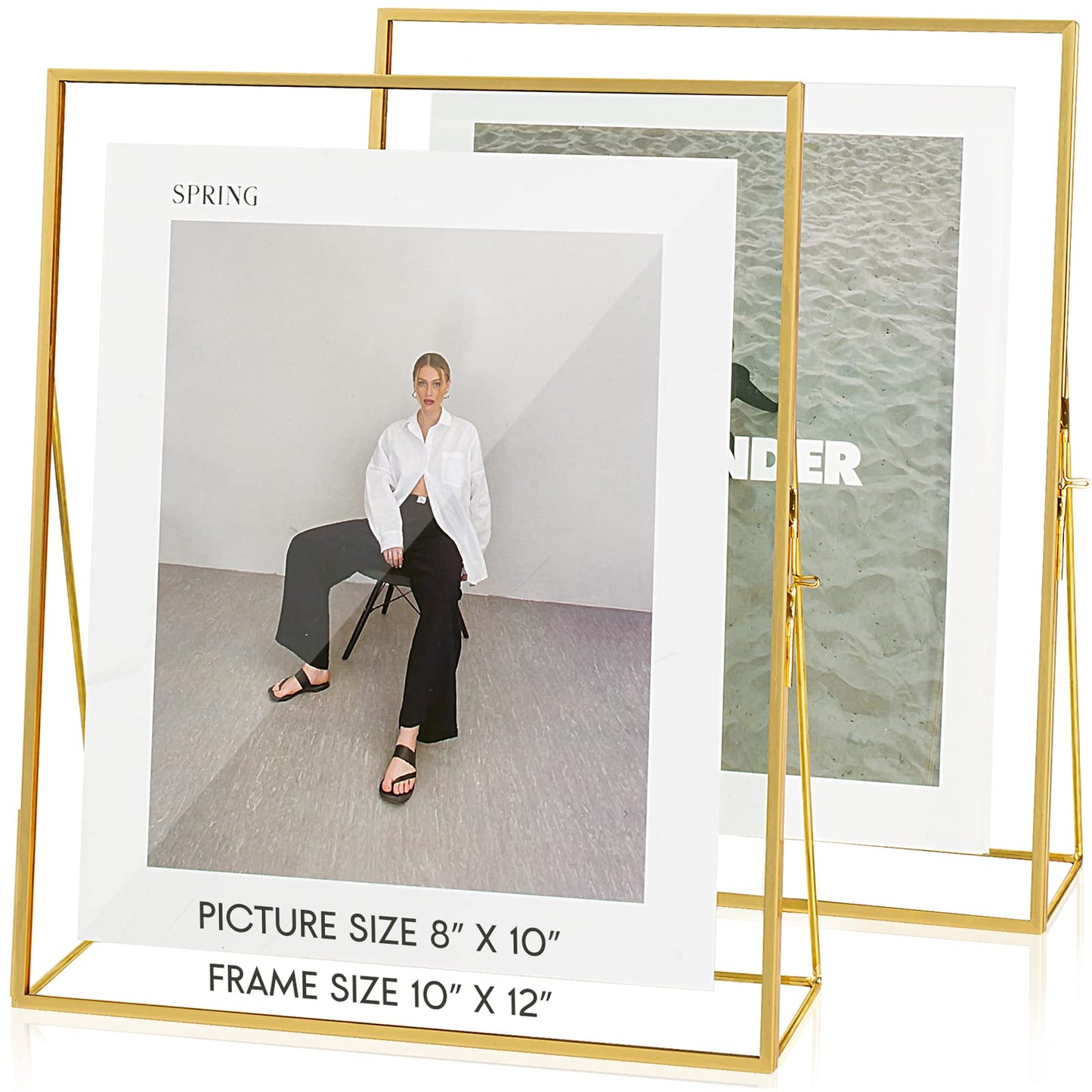 Jajamy Gold Floating Picture Frame Set of 2, 10"x12" Glass Pressed Flower Picture Frames, Tabletop Standing Glass Floating Frame for 8x10 Photo Display