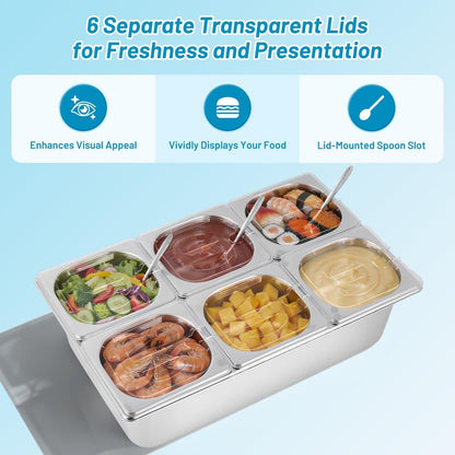 YMJOINMX Cold Ice Food Serving Display tray 6 Pan ×2QT with Ice Packs Clear Lids for Salad Pizza Sauce Cooled Condiment Container Buffet Server Cooler for Party Home