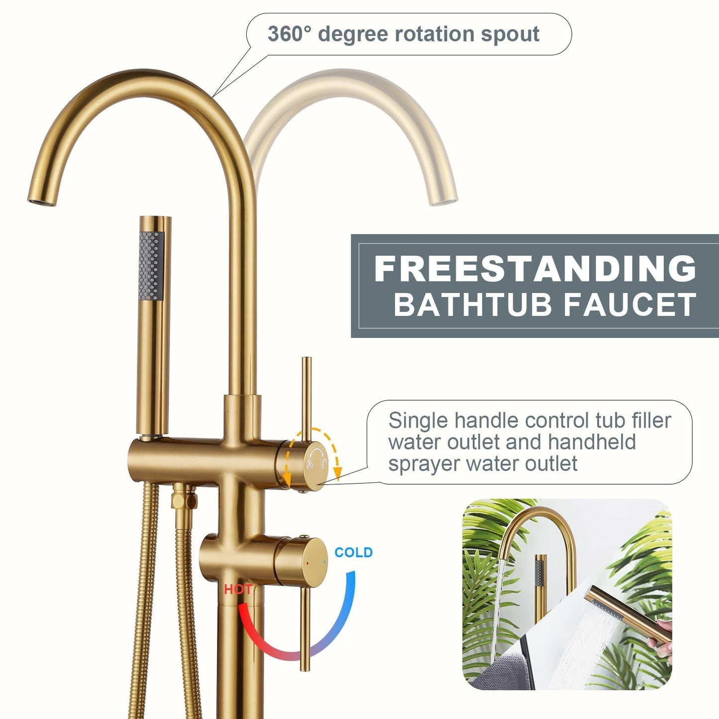 Freestanding Tub Filler Faucet, Floor Mount Brushed Gold Bathtub Faucet with Single Handheld Shower, Brass Shower Tub Faucet Set Complete, Bathtub Faucet with Shower