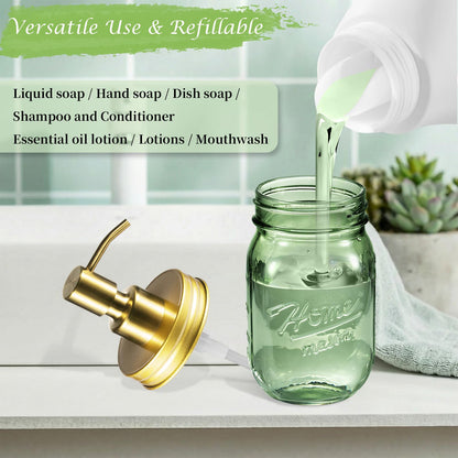 Amolliar Mason Jar Liquid Soap Dispenser, 16OZ Green Glass Hand Soap Holder, Stainless Steel Pump Lid, Refillable Lotion Dispenser, Countertop Bathroom Accessories, Kitchen Dish Soap (2 Pack, Gold)