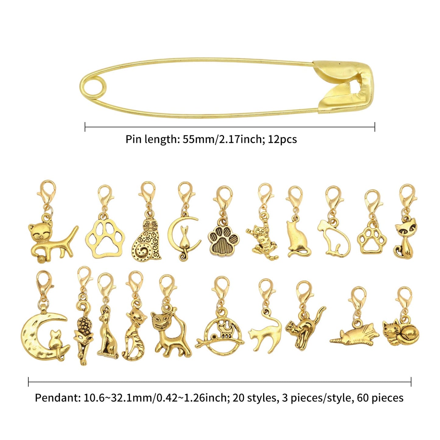 CONCHLERY 60 Pcs Cat Stitch Markers Charm Cat Crochet Markers Alloy Stitch Marker Planner Charms for Knitting Crocheting Quilting Weaving Jewelry Making Supplies, Gold