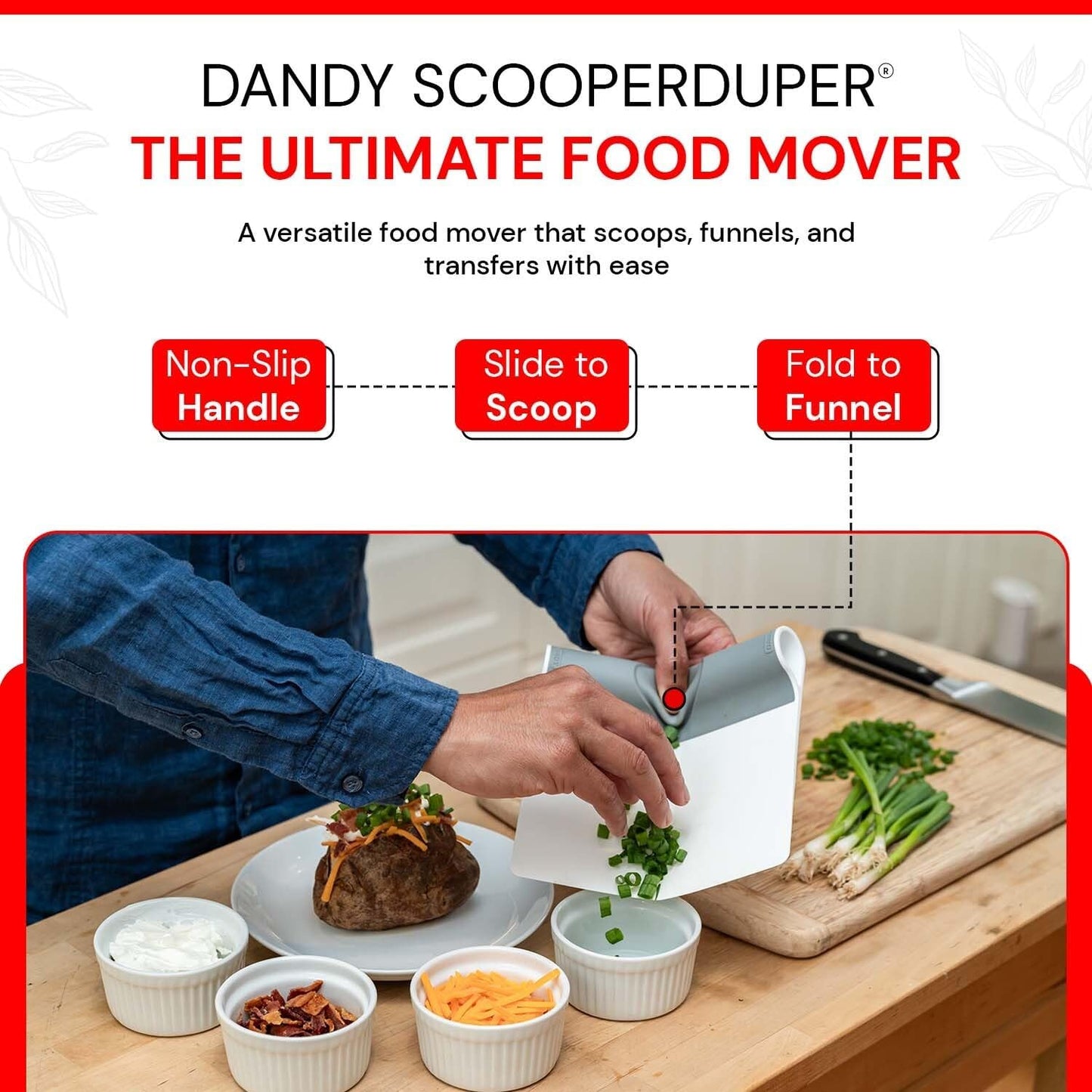 DANDY ScooperDuper - Multi-Purpose Folding Food Mover, Dough Scraper Tool for Cutting Board and Chef’s Knife