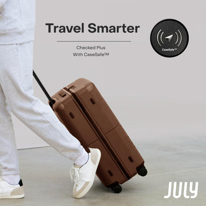 July Checked Plus with CaseSafe - 28.75" Built in Tracking, Airline Approved Check In Luggage with Wheels, Rolling Suitcase for Men & Women - Silent Spinner Wheels, Y-Strap - Dark Brown