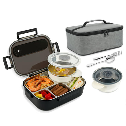 Bento Lunch Box with 8oz Soup Thermo,5-Compartment Leak-Proof Container, Thermo Hot Food Jar and Insulated Lunch Bag with Utensil,Microwave & Dishwasher & Freezer Safe