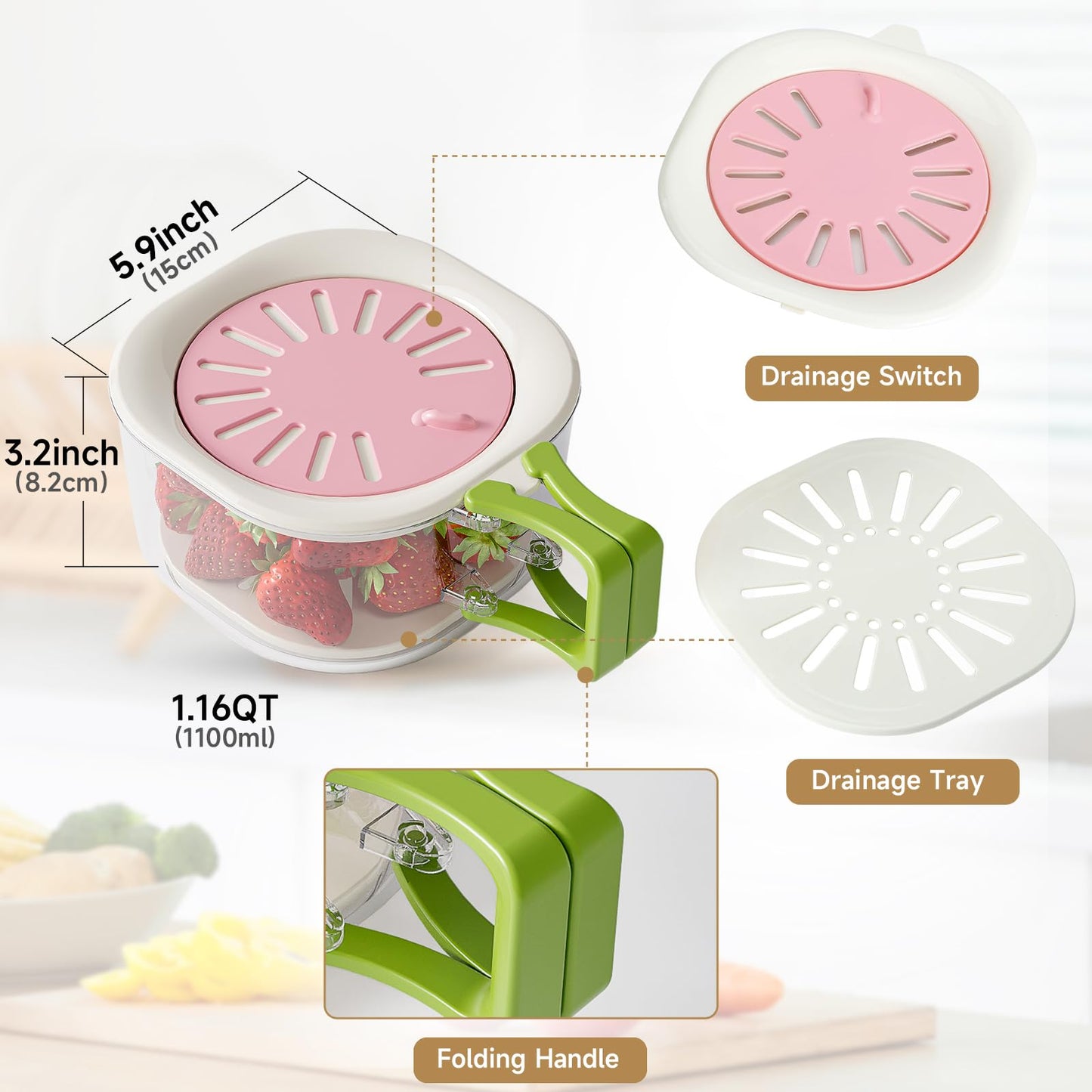 Fruit Vegetable Washing Bowl with Strainer, Multifunctional, Berry Lettuce Keeper for Fridge Refrigerator Organization, Portable Colander for Kitchen, Drainer Container With Lid, 2 Pack (Mix)