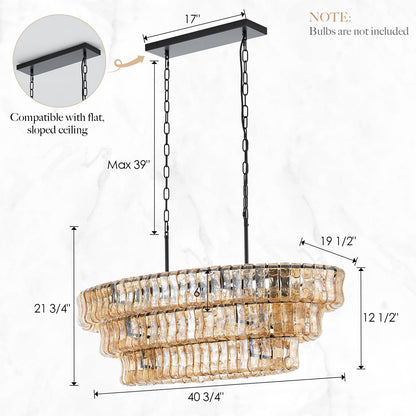 VANZARLA Large Modern Chandelier with Unique Amber Glass Shade, 3-Tier Dining Room Light Fixture, Farmhouse Chandelier for Kitchen Island Living Room Foyer