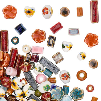 SUNNYCLUE 1 Box 100Pcs Porcelain Bead Painted Ceramic Beads Bulk Flower Floral Printed Column Tube Flat Rondelle Charms Loose Spacers for Jewelry Making Earrings Bracelets Necklaces DIY Crafts Decor