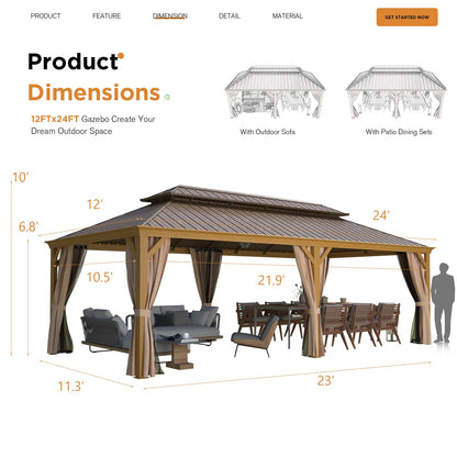 EROMMY 12'x24' Hardtop Gazebo, Galvanized Steel Double Roof with Wood Grain Aluminum Frame, Outdoor Gazebo with Curtains and Nettings for Patio, Backyard and Deck