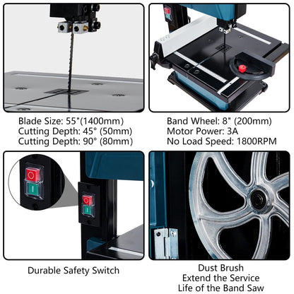 8 in Band Saw, ExploreHorizon 0-45 Tilting Range, 3A & 1800RPM Pure Copper Motor Bandsaw, Benchtop Band Saw with Fence and Miter Gauge, for Woodworking Aluminum Plastic