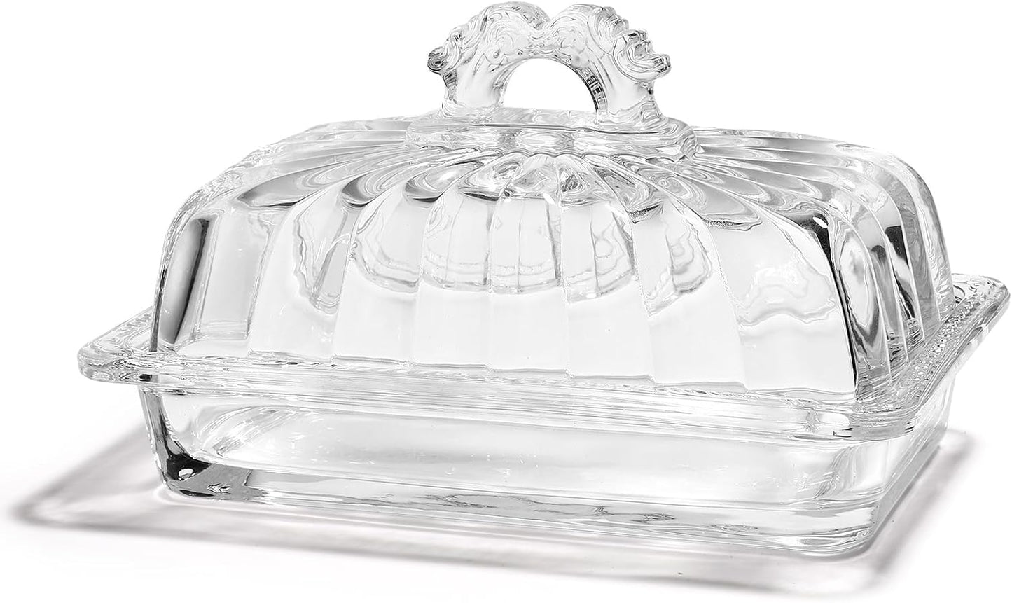 24oz Countertop Glass Butter Dish with Top Arch Handle Lid | Contain Butter Sticks | Covered Butter Keeper Holder Tray