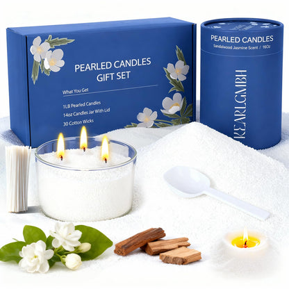 Sand Candle Making Kit - 1 lb Pearled Candle Sand and Wicks, Sand Wax Beads with Jasmine Sandalwood Scent, Lidded Large Glass Jar, 100-Hour Burn, Candles Making Christmas Gift for Adults & Beginners