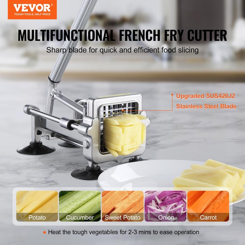 VEVOR French Fry Cutter, Potato Slicer with 1/2", "3/8", "1/4 Stainless Steel Blades, Manual Potato Cutter Chopper with Suction Cups, Great for Potato, French Fries, Cucumber, Vegetables, Carrot
