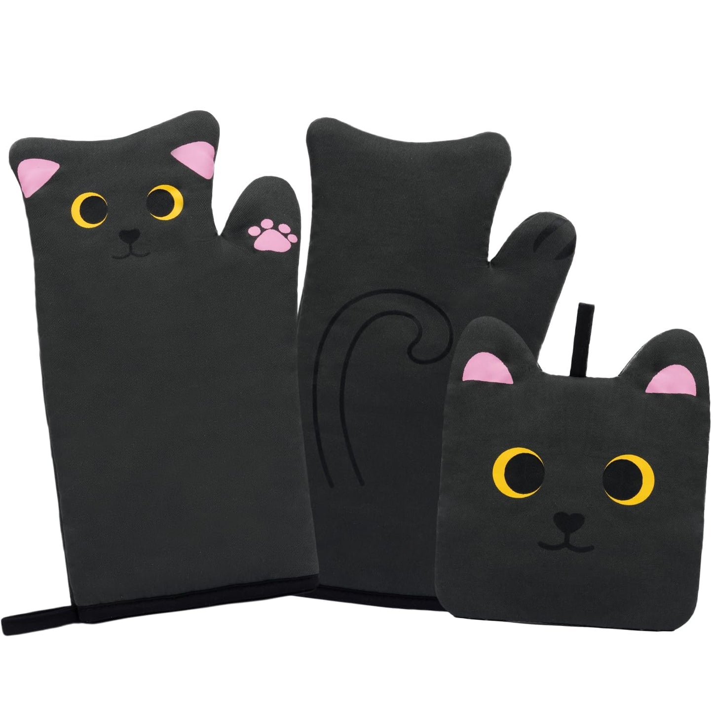 NIGOWAYS Oven Mitts,Cute Cat Design Cooking Glove,Quilted Cotton Lining,Heat Resistant Oven Mitts And Pot Holders Sets For Baking,Microwave,Cute Mitts Gift For Mom,Housewarming(Black)