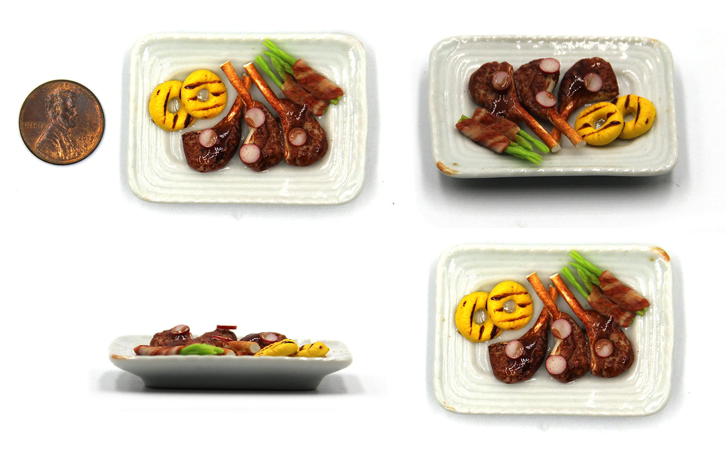 Lovely Mixed 5 Assorted Grilled, Steak, with Appetizer Dish Dollhouse Miniature Food, Tiny Food for Collectibles, Compatible with Barbie Dollhouse and Diorama Scale 1:6, 1/6