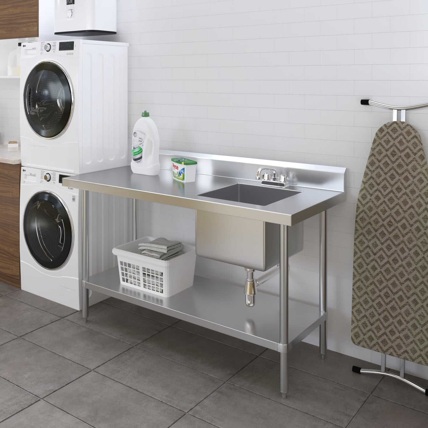 60 Inch Stainless Steel Work Table with Sink, 24 in. x 60 in. Commercial Prep Table with Right Side Sink, Faucet & Undershelf, Heavy Duty Kitchen Utility Workstation, NSF