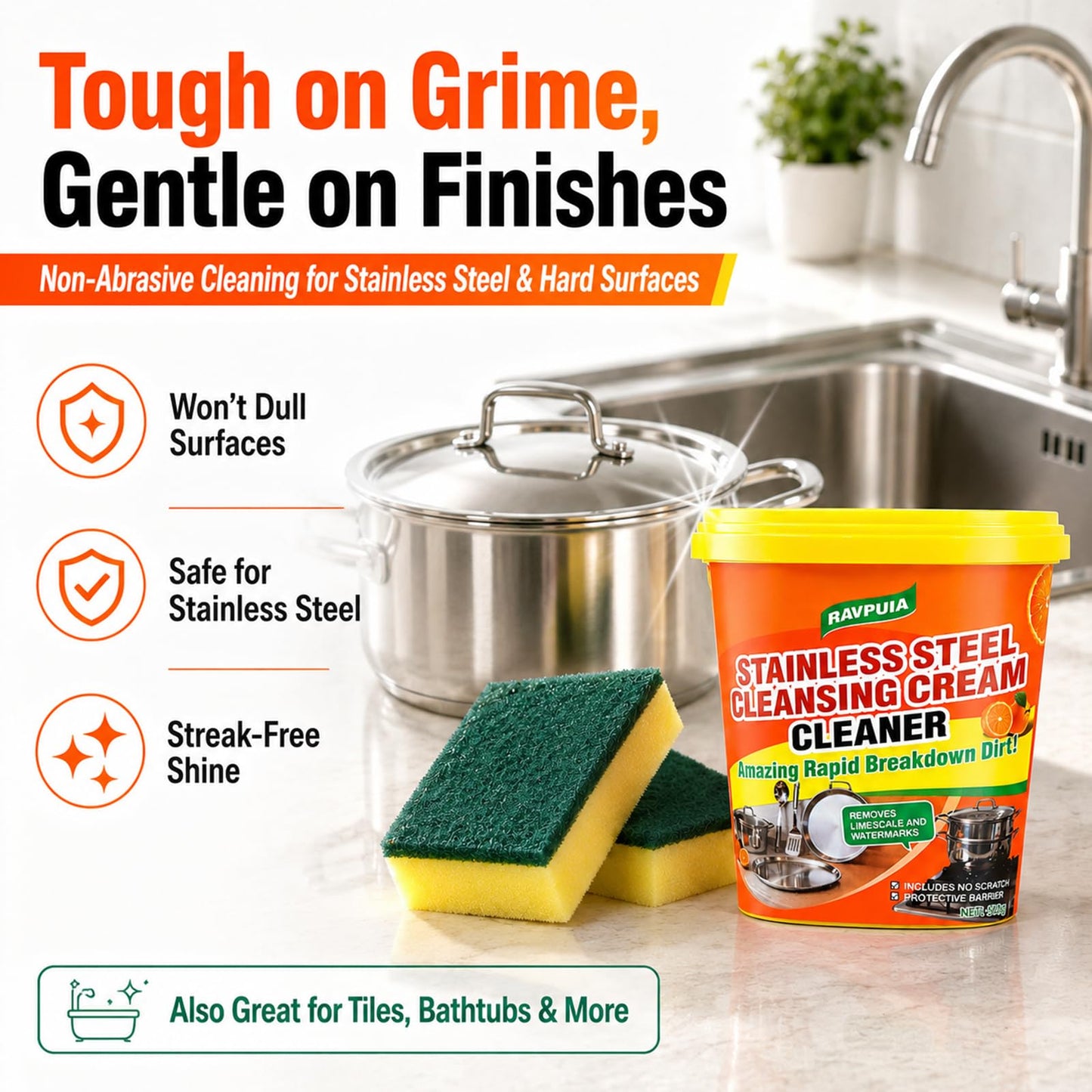 STAINLESS STEEL CLEANER & POLISH - Heavy Duty Cleaning Paste for Stove, Oven, Pans, Cookware, Sink | All Purpose Multi-Purpose Household Cleaner | Removes Grease & Stains | with 2 Sponges (500g)
