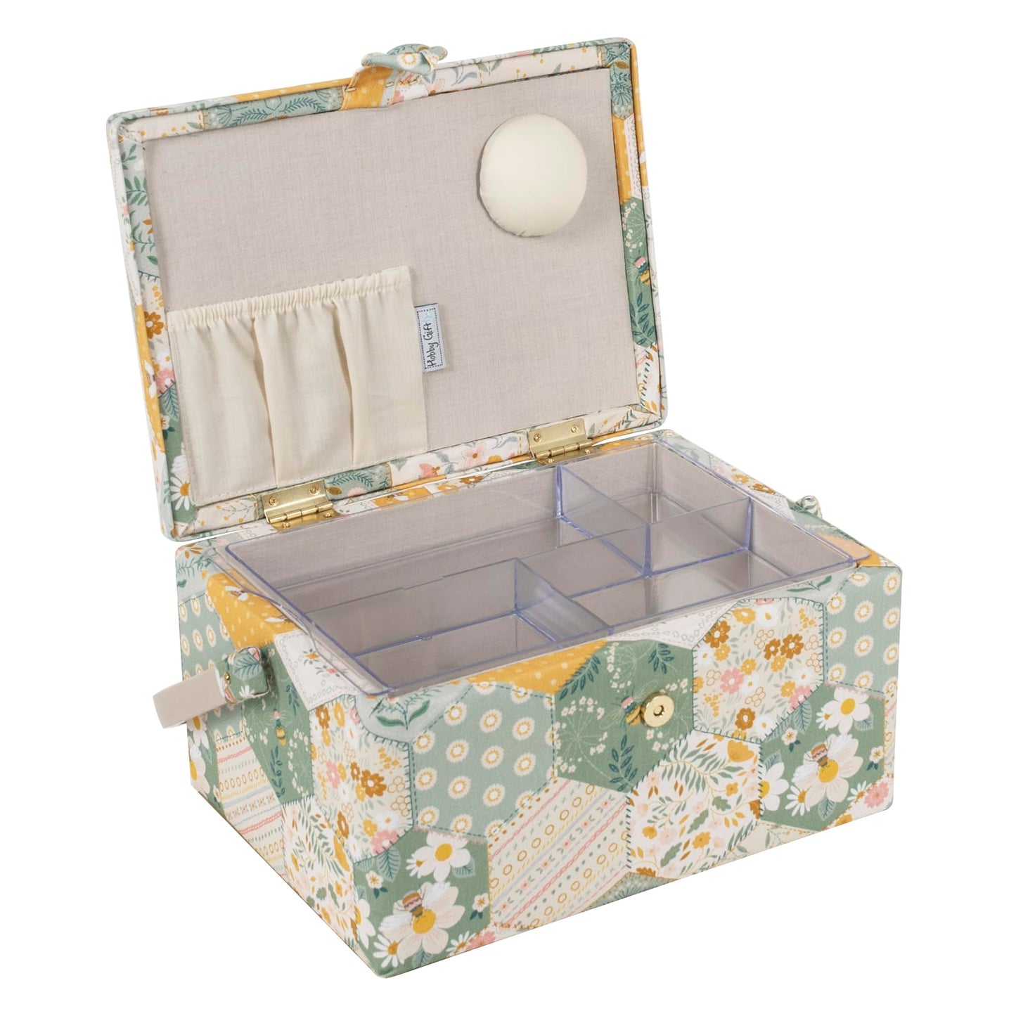 Hobby Gift Medium Sewing Box Organiser, Fabric Covered Storage Box with Handle, Internal Tray, Pin Cushion and Pocket for Sewing, Quilting and Knitting Supplies