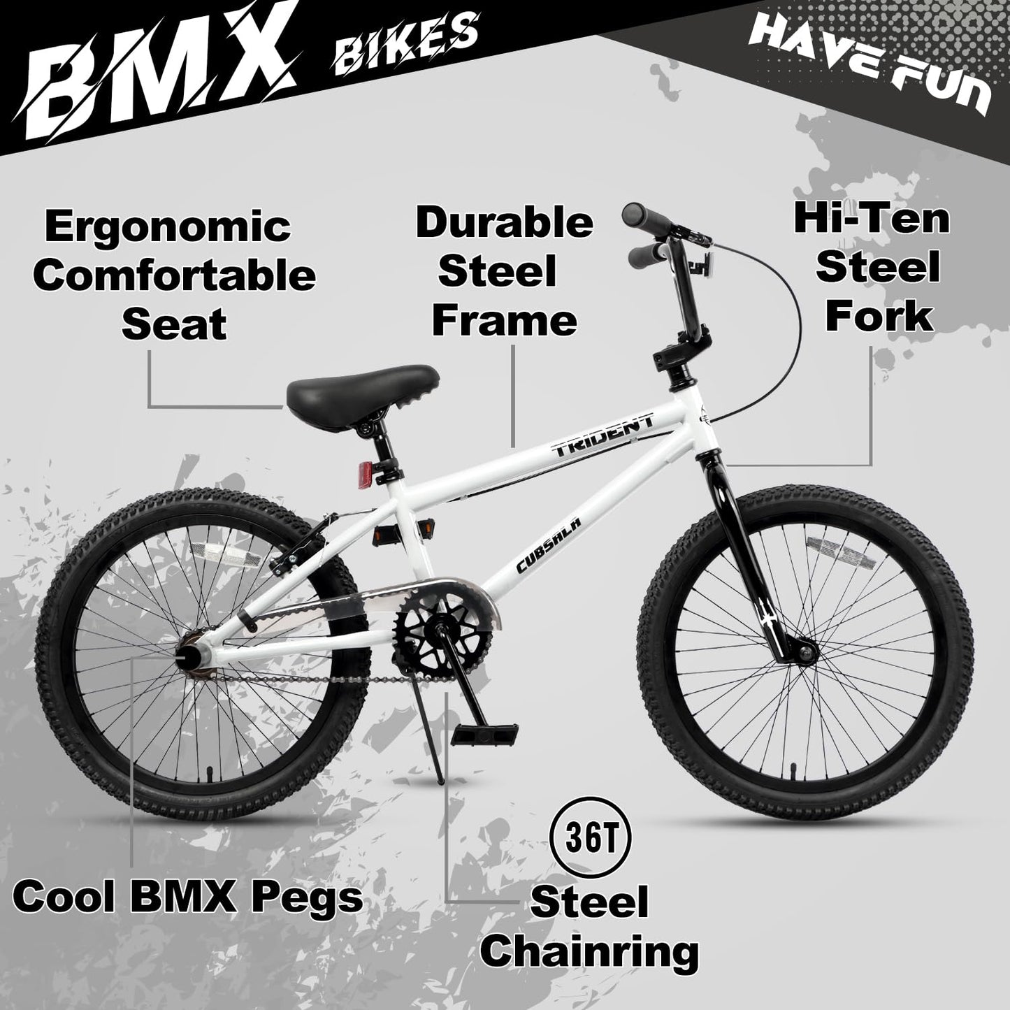 cubsala 20 Inch BMX Race Bike Trident Bicycles Beginner-Level to Advanced Riders with 2 Pegs Trick Cycling and Professional BMX Riding, Color White