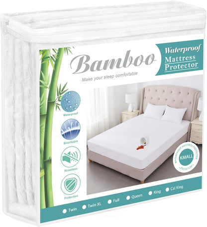 Twin Size Waterproof Cooling Mattress Protector Pad, Soft Noiseless Fitted Sheet Style for Kids Adults, White