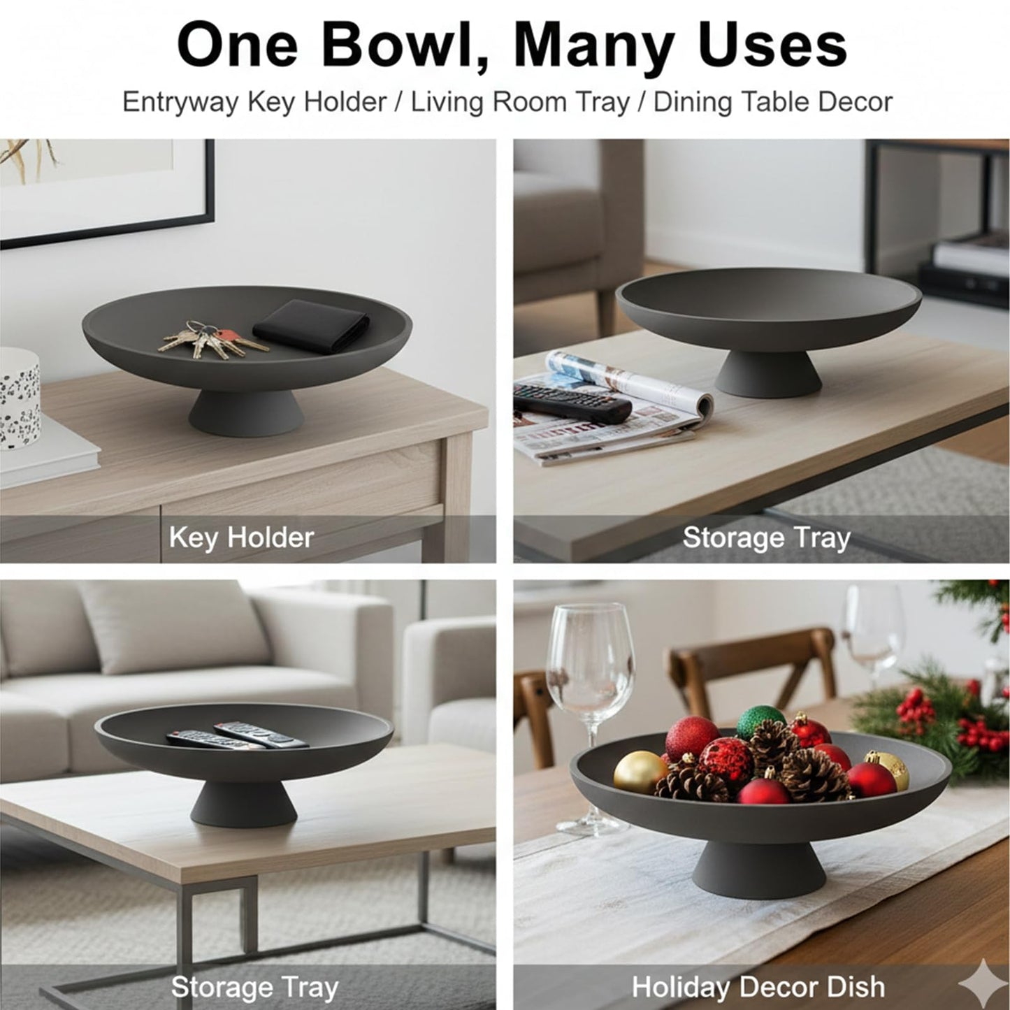 Wageso Modern Concrete Pedestal Fruit Bowl – Handmade 12" Centerpiece for Kitchen Counter, Coffee Table & Entryway – Non-Slip Cork Base, Heavy Duty Home Decor Tray for Keys, Storage – Black