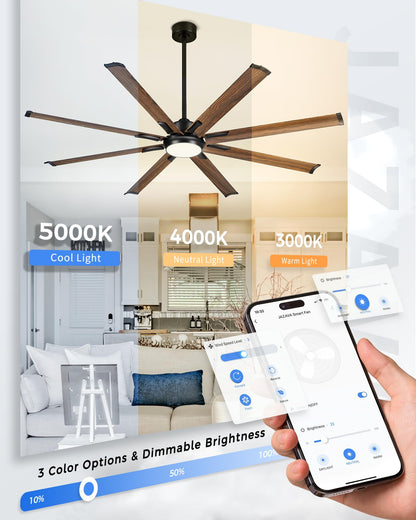 JAZAVA 72 Inch Ceiling Fan with Light, Industrial Design with 8 Aluminum Blades, Smart Control Compatible with Alexa, Indoor Outdoor Garage Fan for Living Room Patio, Model ZCCF04WD-72