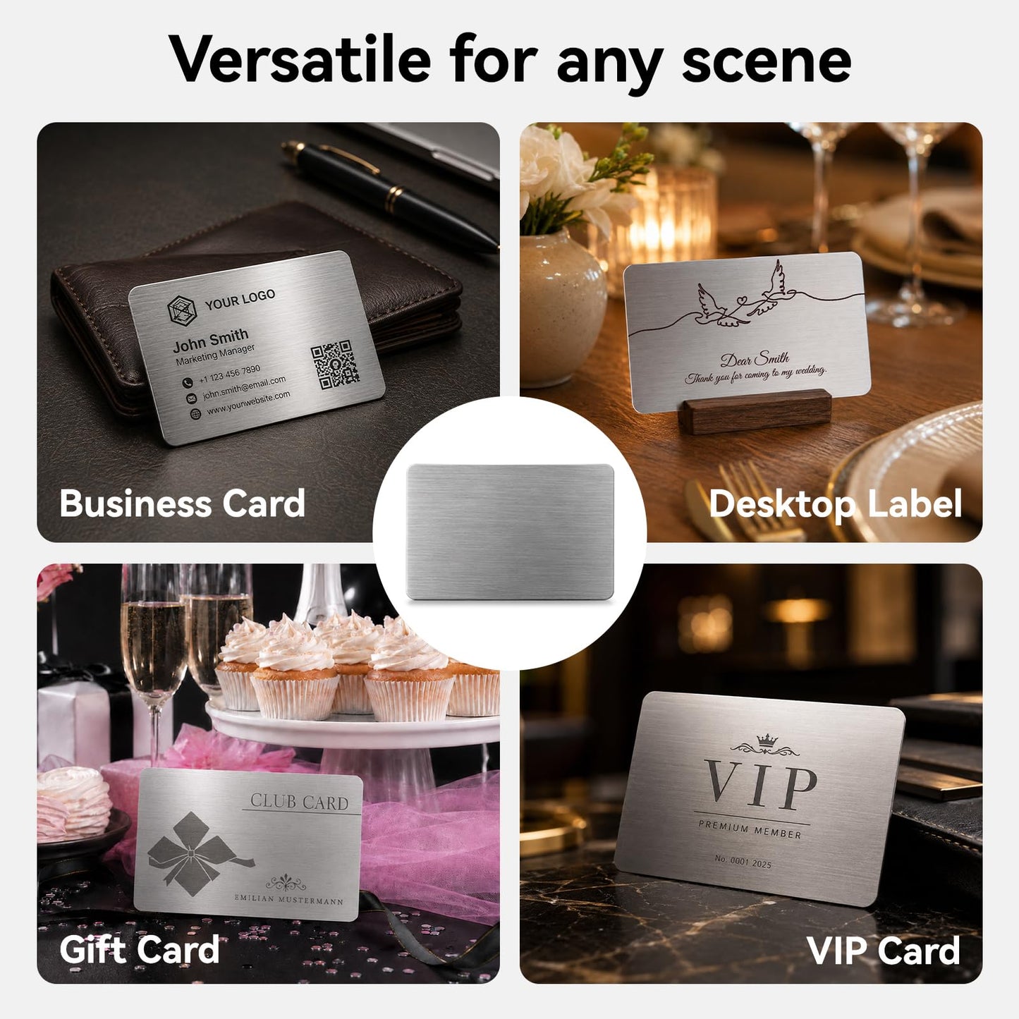 VMYTH 50 Pcs Stainless Steel Business Card Blanks w/Case, 3.4"x2.1" Thick 0.5mm Metal Business Cards for Laser Engraving (30 Standard, 20 Adhesive), Metal Business Card Blanks for House,Office,DIY