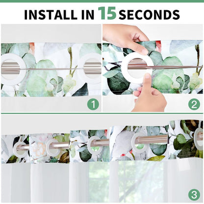 QiyI No Hook Shower Curtain with Snap in Fabric Liner, Sage Green Eucalyptus Shower Curtain with See Through Top Window, Waterproof Washable Cloth Ringless Shower Curtain Set for Bathroom, 72 x 75