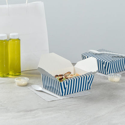 Restaurantware-Bio Tek 6.7 x 5.5 x 2.6 Inch Food Containers, 200 Durable Takeaway Boxes - Disposable, Striped, Blue And White Paper 45 Ounce Takeout Boxes, Rectangle, For Takeouts And Delivery