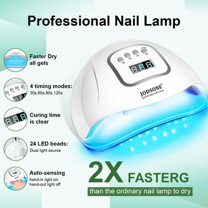 JODSONE Gel Nail Polish Kit with U V Light 32 Colors Gel Polish Nail + 4 Functional Adhesive Bottles Kit Soak Off Manicure Tools Gifts for Women