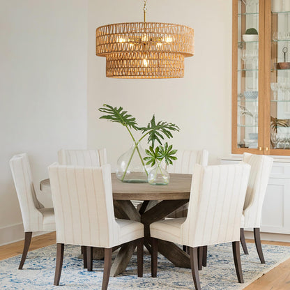 23.6" Boho Rattan Chandelier, 6-Light Large Rattan Pendant Light with 2-Tier Wicker Shade, Bohemian Farmhouse Ceiling Light Fixture Chandelier for Dining Room, Living Room, Bedroom, Kitchen Island