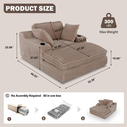 67" Oversized Chaise Lounge Chair Indoor, Soft Boneless Cloud Couch with 3 Pillows, 4 Side Pockets and 2 Cup Holders, Comfy Corduroy Sleeper Couch for Living Room Bedroom