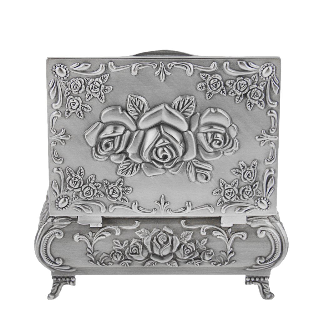 Classic Vintage Antique Tin Rectangle Jewelry Box Treasure Storage Organizer Chest with Rose Pattern