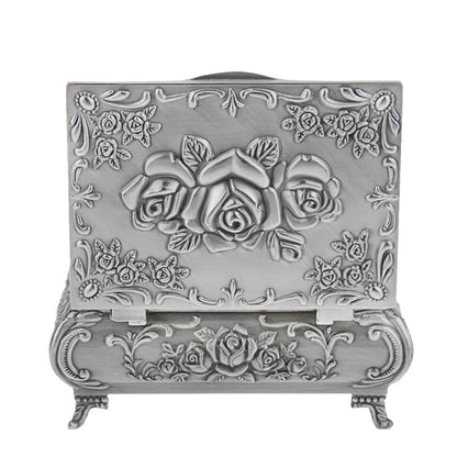 Classic Vintage Antique Tin Rectangle Jewelry Box Treasure Storage Organizer Chest with Rose Pattern