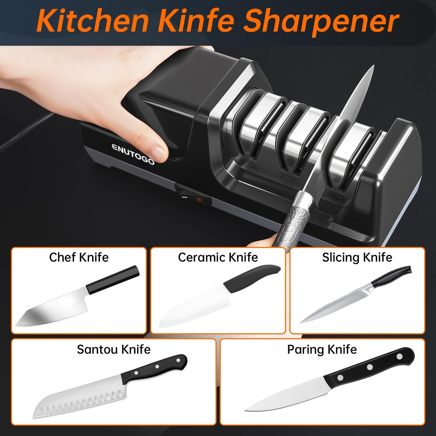 Enutogo Knife Sharpener, Professional 3-Stage Electric Knife Sharpener for Kitchen Knives, 100% Diamond Abrasive for 20° Precision Angle Guide, Quickly Sharpening and Polish Blades